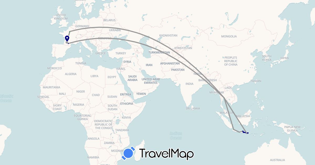 TravelMap itinerary: driving, bus, plane in Finland, France, Indonesia, Thailand (Asia, Europe)